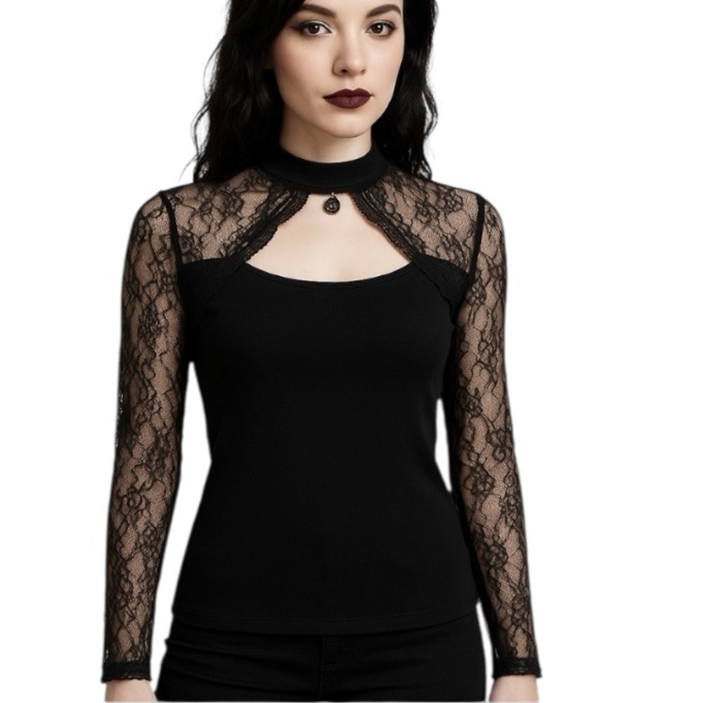 Design History Black Romantic Whimsigoth Edgy Gothic Sheer Lace Top Size XS